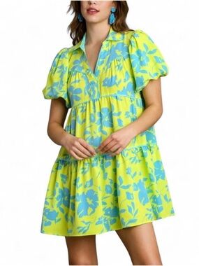 Umgee Two-Tone Floral Print Collared Tiered A-Line Dress - Size Small